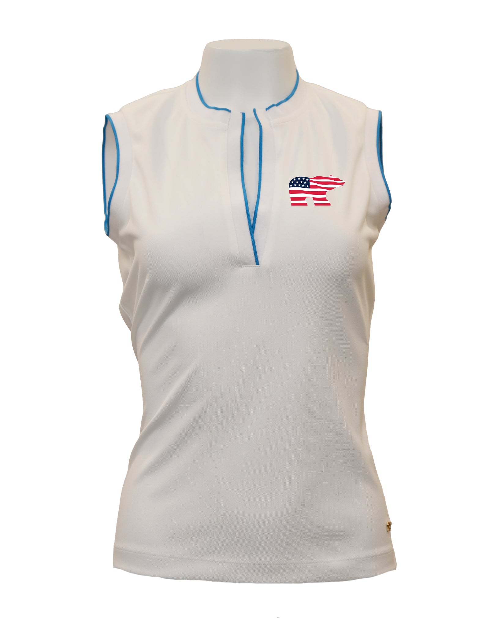 PREORDER - Women's Bright White Sleeveless Solid Polo - American Flag Golden Bear