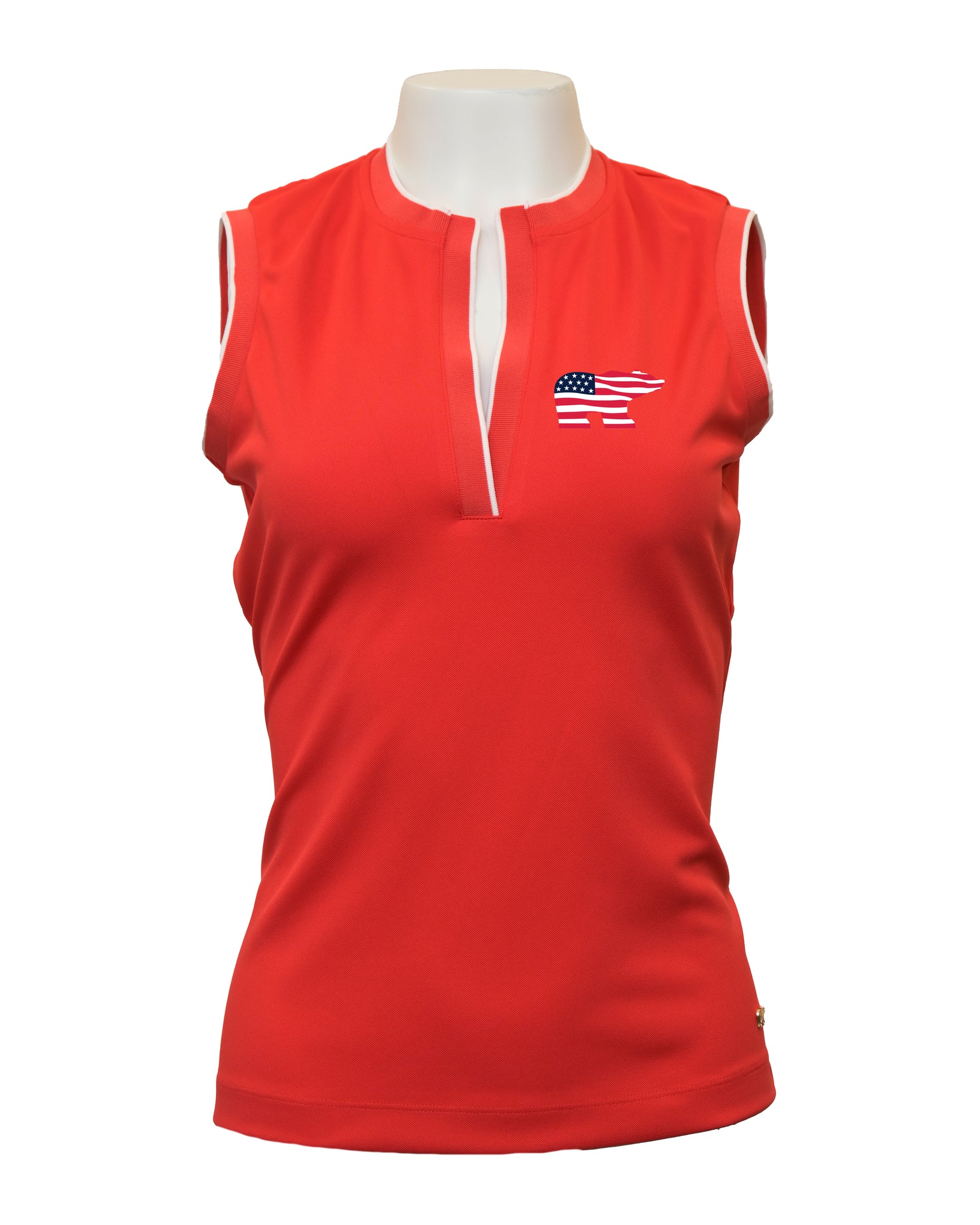 PREORDER - Women's Red Flex Sleeveless Solid Polo - American Flag Golden Bear